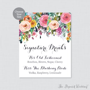 Letrero de bebidas exclusivas imprimible - Letrero de cócteles exclusivos para bodas con flores - Letrero de bar de bodas con flores coloridas, letrero de cóctel de bodas 0003-B