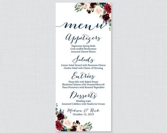 Printable OR Printed Wedding Menu Cards - Navy Marsala Floral Wedding Menu Card, Rustic Flower Menu Cards for Wedding in 4 x 9.25 Size 0010