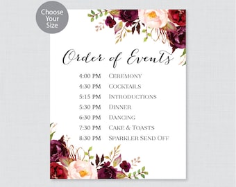 Printable Order of Events Sign - Marsala Wedding Order of Events Sign - Pink Rustic Flower Wedding Reception Sign, Order of Service 0006