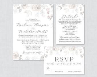 Printable OR Printed Wedding Invitation Suite - Gray Floral Wedding Invitation Package - Sketched Grey and Cream Flower Wedding Invites 0015