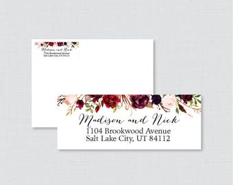 Pink and Marsala Wedding Address Labels - Floral Return Address Labels for Weddings, Rustic Personalized Return Address Labels/Stickers 0006