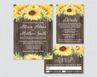 Printable OR Printed Wedding Invitation Suite - Sunflower Wood Wedding Invitation Package - Rustic Yellow Sunflower Wedding Invites 0019-B