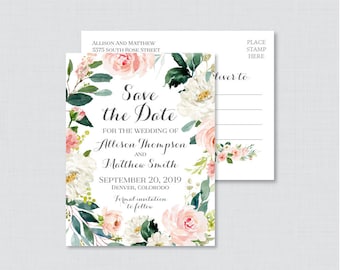 Printable OR Printed Save the Date Postcards - Pink Floral Wreath Save the Date Postcards for Wedding, Pink White Flower Save the Dates 0017