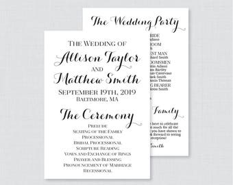 Printable OR Printed Wedding Programs - Black and White Wedding Ceremony Program Cards, Personalized Wedding Program Calligraphy 0005