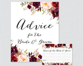 Printable Wedding Advice Cards - Marsala Floral Advice for the Bride and Groom Cards & Sign, Pink Flower Wedding Reception Activity 0006