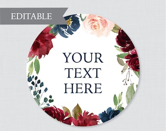 EDITABLE Wedding Tags - Printable Navy Marsala Floral Wedding Labels, Rustic Flower Circle Wedding Buffet Labels or Tags, Tags Wedding 0010