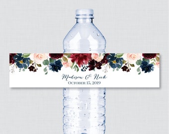 Printable OR Printed Wedding Water Bottle Labels - Navy & Marsala Flower Custom Water Bottle Labels - Personalized Water Bottle Labels 0010