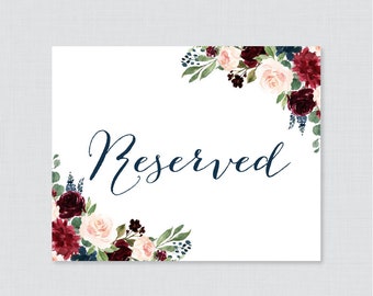 Wydrukowane znaki rezerwacji na wesele - Navy and Marsala Floral Znak rezerwacji miejsc na wesele, natychmiastowe pobranie Znaków rezerwacji stolików 0010
