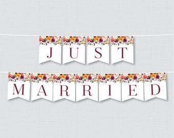 Printable Just Married Banner - Fall Flower Just Married Bunting - Rustic Autumn Flower Just Married Wedding Banner, Car Decoration 0008