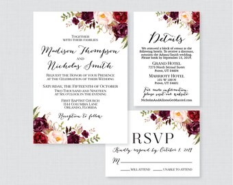 Printable OR Printed Wedding Invitation Suite - Marsala and Pink Floral Wedding Invitation Package - Rustic Wine Flower Wedding Invites 0006