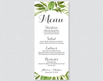 Printable OR Printed Wedding Menu Cards - Green Wedding Menu Card, Rustic Greenery Menu Cards for Wedding in 4 x 9 Size, Leaf Leaves 0007