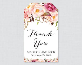 Printable OR Printed Wedding Favor Gift Tags - Pink Floral Favor Tags for Wedding, Personalized Wedding Gift Tags, Thank You Tag 0004