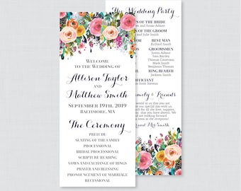 May include: A wedding ceremony program with a floral design. The program includes the names Allison Taylor and Matthew Smith, the date September 19th, 2019, and the location Baltimore, MA. The program also includes the order of the ceremony, which includes a prelude, seating of the family, processional, bridal processional, scripture reading, vows and exchange of rings, prayer and blessing, pronouncement of marriage, and recessional.