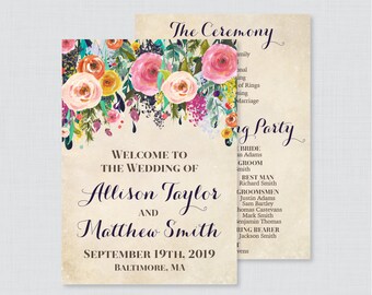 May include: Wedding ceremony program with floral watercolor design. The program includes the names of the bride and groom, Allison Taylor and Matthew Smith, the date of the wedding, September 19th, 2019, and the location, Baltimore, MA. The program also lists the names of the wedding party.