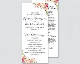 Printable OR Printed Wedding Programs - Pink Floral Wedding Ceremony Program Cards, Personalized Wedding Program Template Rustic Flower 0004