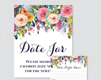 Printable Date Night Jar Activity - Floral Date Night Ideas for the Newlyweds - Colorful Flower Wedding Reception Game/Activity 0003-B