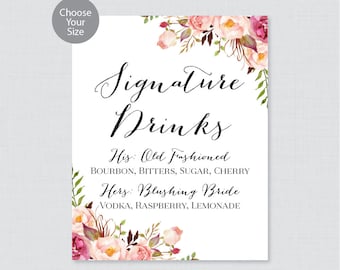 Printable Signature Drinks Sign - Pink Floral Wedding Signature Cocktails Sign - Rustic Pink Flower Wedding Bar Sign, Cocktail Sign 0004