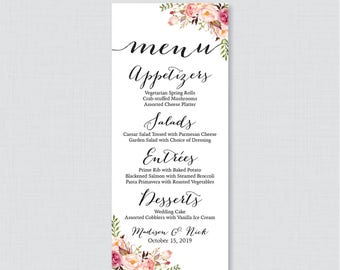 Printable OR Printed Wedding Menu Cards - Pink Floral Wedding Menu Card, Rustic Flower Menu Cards for Wedding in 4 x 9.25 Size 0004