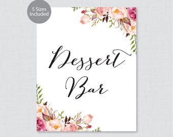 Printable Dessert Bar Sign - Pink Floral Dessert Buffet Sign - Rustic Pink Flower Wedding Dessert Bar Sign or Poster, Desserts Sign 0004