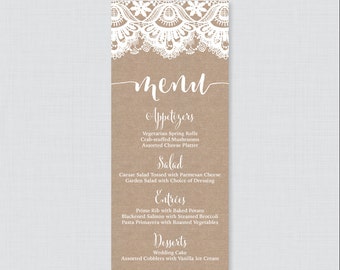 Printable OR Printed Wedding Menu Cards - Rustic Burlap and Lace Wedding Menu Card, Menu Cards for Wedding in 4 x 9.25 Size, Customized 0002