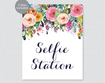Printable Selfie Station Sign - Floral Photo Booth Sign - Colorful Flower Wedding Selfie Station Sign or Poster Shabby Chic 0003-B