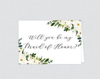 Printable Will You Be Maid of Honor Cards - White Flower Will You Be My Maid of Honor Card, Maid of Honor Proposal Card - Modern Flower 0020