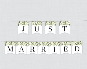 Printable Just Married Banner - White Flower Just Married Bunting - Modern Flower Just Married Wedding Banner, Wedding Car Decorations 0020