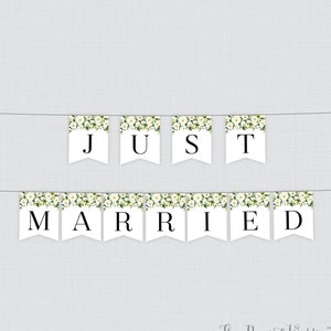 Printable Just Married Banner White Flower Just Married Bunting Modern Flower Just Married Wedding Banner, Wedding Car Decorations 0020 image 1