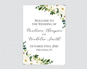 Printable OR Printed Wedding Program Booklet - White Floral Wedding Ceremony Programs, Personalized Program Template, Modern Flower 0020