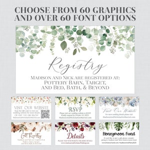 May include: Wedding stationery set with a botanical theme. The design features a white background with watercolor eucalyptus greenery and elegant script. Includes registry, RSVP, website, and gift registry cards.