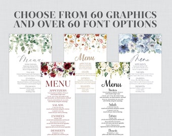 Printable OR Printed Floral Menu Cards - Choose Flower Graphic, Font, and Font Color - Personalized Wedding Dinner Menus 5x7 or 4x9.25" 0072