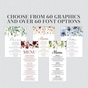 Printable OR Printed Floral Menu Cards - Choose Flower Graphic, Font, and Font Color - Personalized Wedding Dinner Menus 5x7 or 4x9 0072