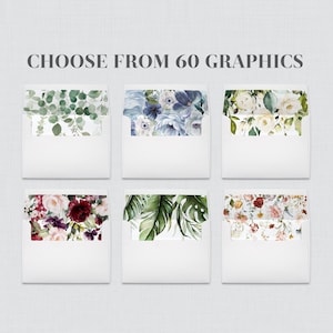 May include: Six white envelopes with different floral and foliage patterns on the flap. The text "CHOOSE FROM 60 GRAPHICS" is at the top of the image. The text "The Papered Wedding" is at the bottom of the image.
