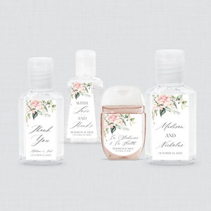 May include: Four small bottles of hand sanitizer with floral labels. The labels have different text, including "Thank You", "With Love and Thanks", "In Sickness & In Health", and "Madison and Nicholas".