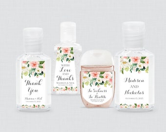 Pink Flower Hand Sanitizer Labels - Printed Blush Pink and White Floral Wedding Hand Sanitizer Favor Stickers with Five Size Options 0017