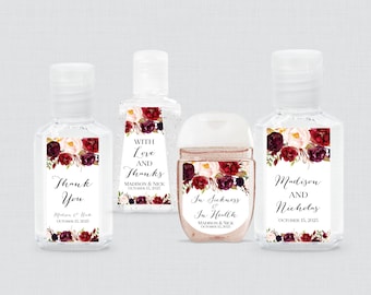 Marsala Flower Hand Sanitizer Labels - Printed Burgundy and Pink Floral Wedding Hand Sanitizer Stickers with Five Size Options, Favors 0006