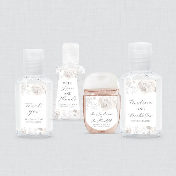 Gray Floral Hand Sanitizer Labels - Printed Sketched Grey Flower Wedding Hand Sanitizer Favor Stickers with Five Size Options - 0015