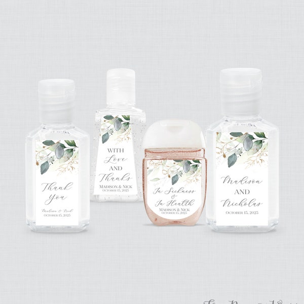Green Leaves and Gold Hand Sanitizer Labels - Printed Green and Gold Botanical Wedding Hand Sanitizer Favor Stickers Five Size Options 0029