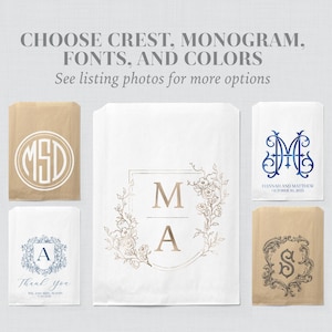 Printed Monogram Favor Bags - Choose Your Crest, Monogram, Fonts, & Colors - Custom Personalized Food Safe Paper Favor Bags for Wedding 0073