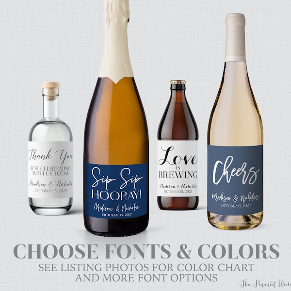 PRINTED Wedding Wine Bottle Labels - Choose Your Colors and Fonts - Custom Wine, Champagne, Liquor, Beer Bottle Favor Labels - Minimal 0032