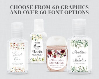 PRINTED Hand Sanitizer Labels with Flowers - Choose Your Floral Design, Fonts, and Font Color - Five Size Options - 0072