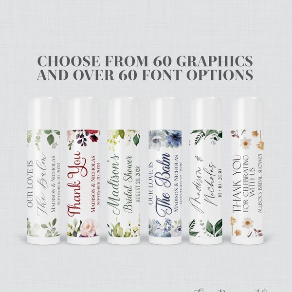 PRINTED Flower Labels for Lip Balm Containers -  Choose Your Floral Graphic, Fonts, Font Color - Personalized Chapstick Favor Stickers 0072