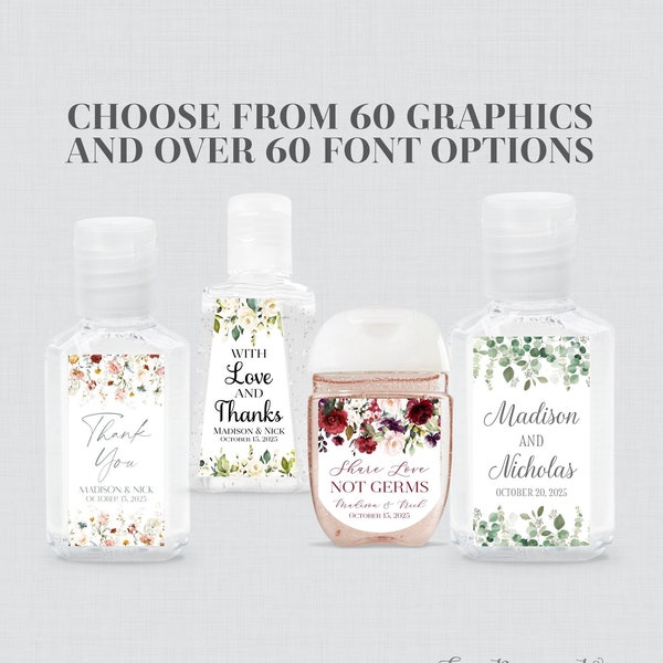 PRINTED Hand Sanitizer Labels with Flowers - Choose Your Floral Design, Fonts, and Font Color - Five Size Options - 0072