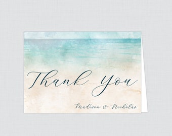 Printable OR Printed Beach Themed Folded Thank You Cards - Watercolor Beach Themed Thank You Cards for Wedding - Ocean, Sand, Sea 0035