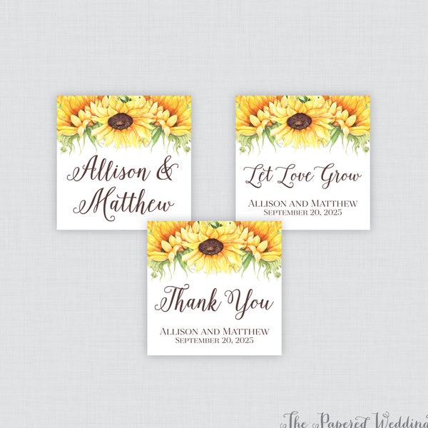 Printable OR Printed Sunflower Wedding Stickers - Square Sunflower Stickers, Personalized Wedding Favor Tags/Labels Let Love Grow - 0019-A