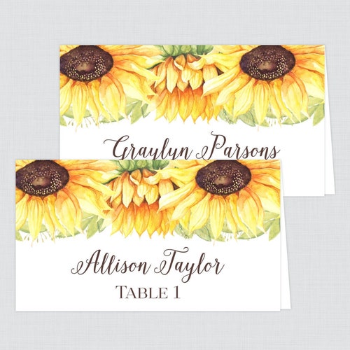 Printed Sunflower Wedding Place Cards Rustic Sunflower - Etsy