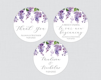 Printable OR Printed Purple Lilac Wedding Stickers - Lilac Flower Circle Favor Labels, Personalized Favor Tags/Stickers for Weddings 0044