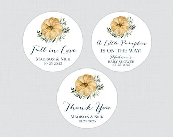 Printable OR Printed Pumpkin Wedding Stickers - Rustic Pumpkin and Green Olive Branch Autumn Circle Favor Labels - Neutral Fall HSL04