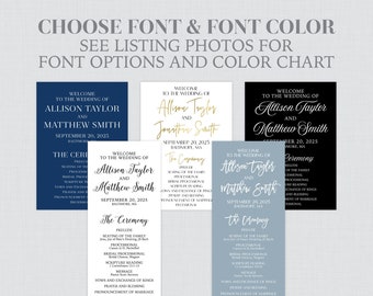 May include: A sample wedding ceremony program with a blue and gold color scheme. The program includes the names Allison Taylor and Matthew Smith, the date September 20, 2025, and the location Baltimore, MA. The program lists the order of events for the ceremony.