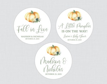 Printable OR Printed Orange Pumpkin Wedding Favor Labels - Fall Themed Pumpkin Green Succulent Circle Favor Label Stickers HSL03